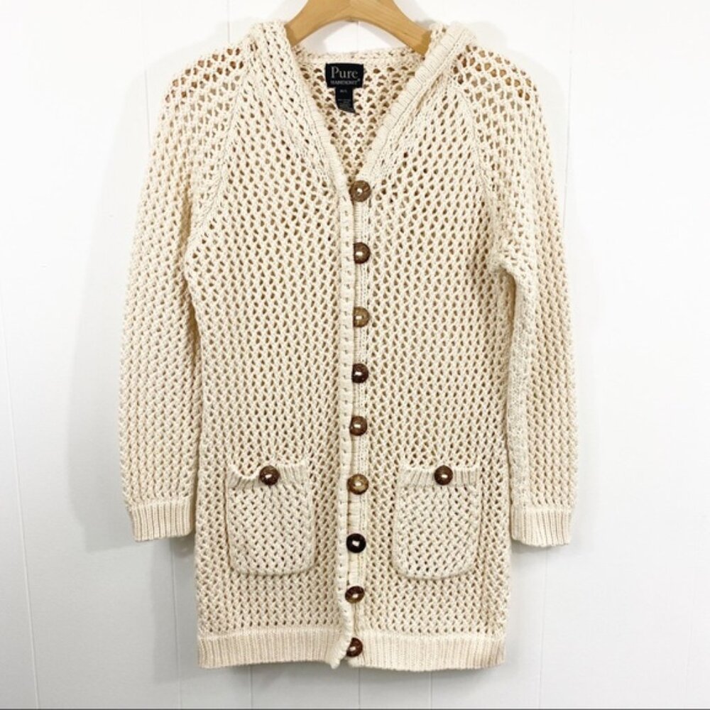 Sz M/L PURE HANDKNIT Canada Peace Sweater Cardigan cream euc button front